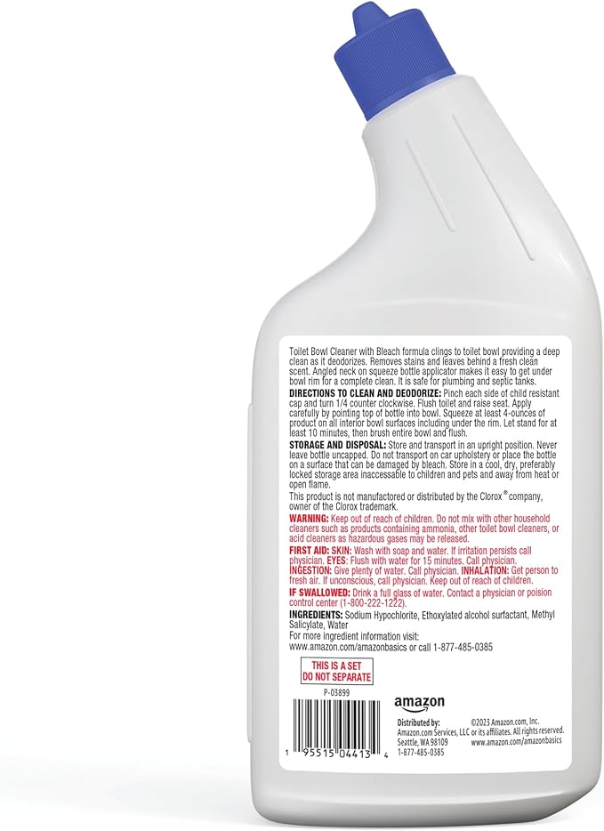 Amazon Basics Toilet Bowl Cleaner with Cling Action Formula, Bleach, Fresh Scent, 24 Fl Oz, Pack of 2, Packaging May Vary