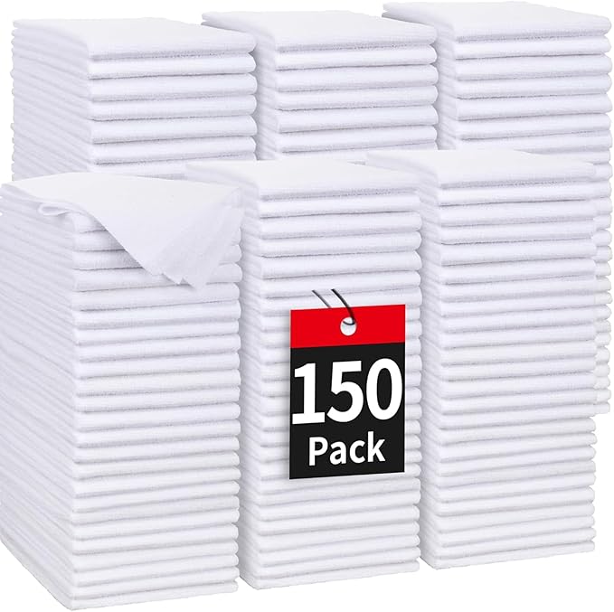 HOMERHYME White Microfiber Cleaning Cloth, 150 Pack Shop Towels All-Purpose Cleaning Rags, Bulk Lint-Free Washcloth Reusable Microfiber Towels for Cars Mechanic Garage & Housekeeping 11.5"*11.5"