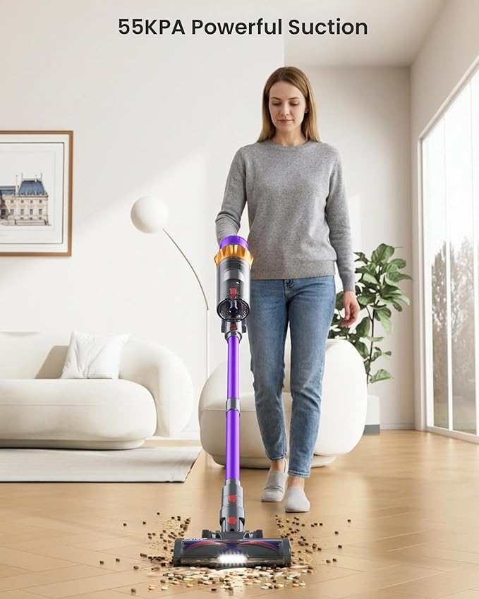 Cordless Vacuum Cleaner 55KPa 650W Max 70 Mins Vacuum Cleaner for Home, Wall mount Charging Dock, Self-standing Vacuum Cleaner with Scented Tablet, Anti-tangle Stick Vacuum for Pet Hair/Carpets/Floors