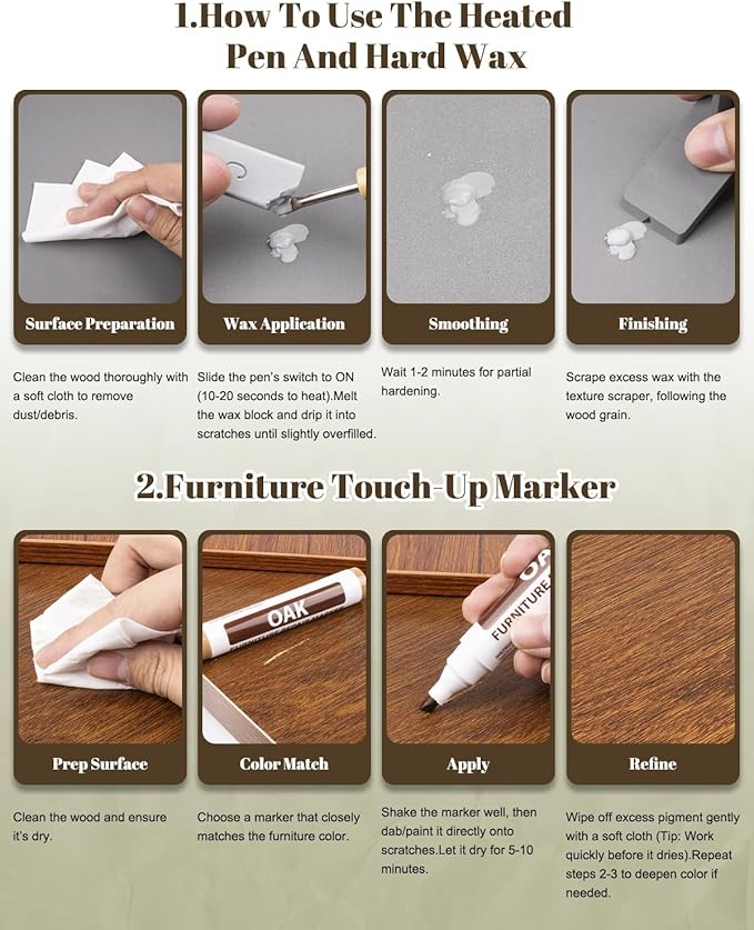Vinyl Floor Repair Kit with Heat Pen,11 Colors Wood Filler Set,Laminate Floor Furniture Repair Kit Wax Wood Touch Up Markers,for Stains, Scratches,Cover Ups,Wood Floors,Desks and Hole for Door,Cabinet