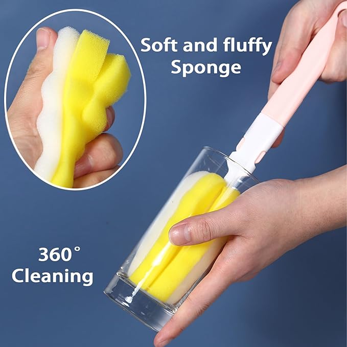 INVODA 4PCS Bottle Brush Long Handle Cup Cleaner Brush Sponge Bottle Scrubber Replaceable Brush Head Portable Bottle Cleaning Brush for Baby Bottle Dishwashing Kitchen Clean Mugs (4PCS+ 4 Brush heads)