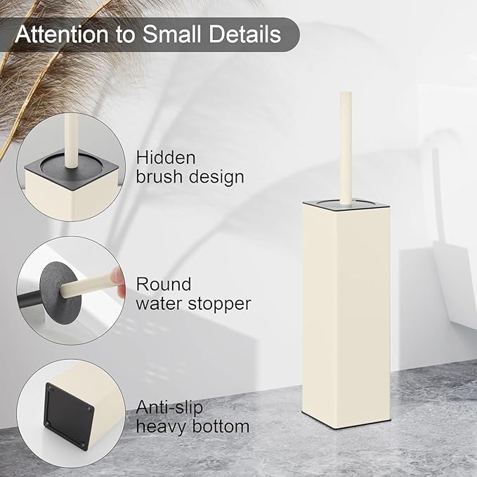 BGL Standing Toilet Brush and Holder Matte White Aluminium Toilet Bowl Cleaner Brush and Holder for Bathroom Storage and Organization, Square Design Sturdy and Space Saving