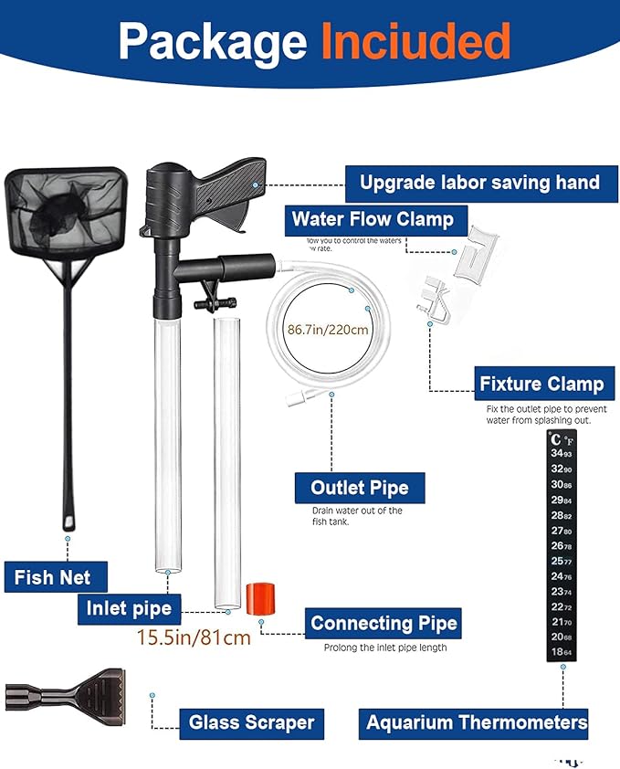 QZQ Aquarium Gravel Cleaner [2025 Edition] Vacuum Fish Tank Vacuum Cleaner Tools for Aquarium Water Changer with Aquarium Thermometers Fish Net kit Use for Fish Tank Cleaning Gravel and Sand