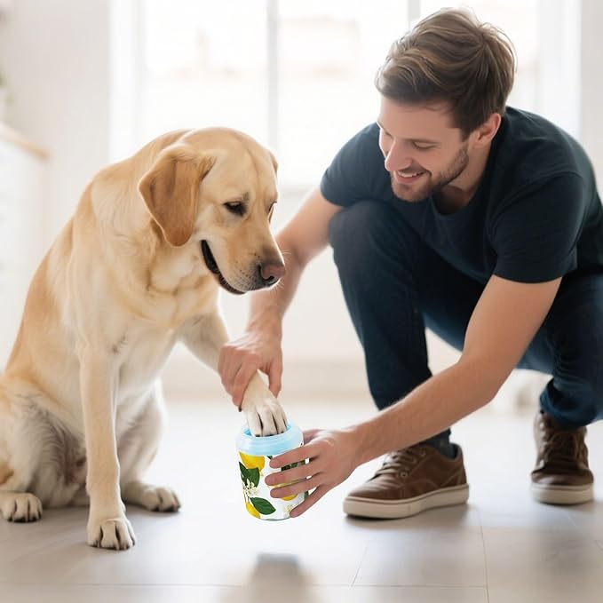Dog Paw Cleaner Cups for Dogs Pet Foot Washer Paw Scrubber for Small Medium Large Dogs Cats Cleaning Cup Yellow Lemon Flowers