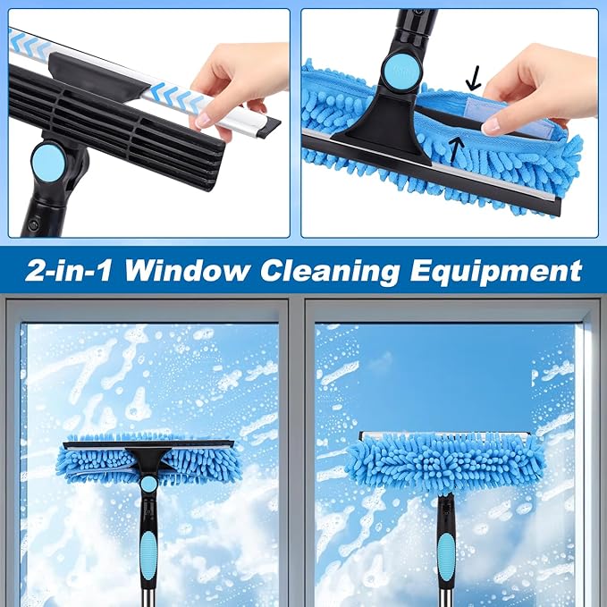 Window Squeegee Cleaner Tool with Extension Pole: 2-in-1 Window Cleaning Kit - 86.6 Inch Telescopic Long Window Cleaning Tool for High Windows Car Glass - with 2 Microfiber Cloth & Squeegee Blade