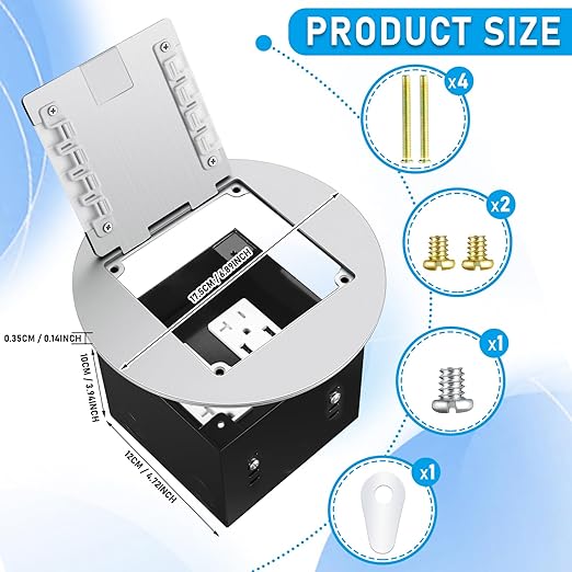 1 Pcs Recessed Floor Outlet 4. 72" x 4. 72" x 3. 94" 2-Gang with 4. 8a USB Chargers 20 Amp Floor Receptacles Round Hidden Outlet Kit Electrical Waterproof Box, Etl Listed (Silver)