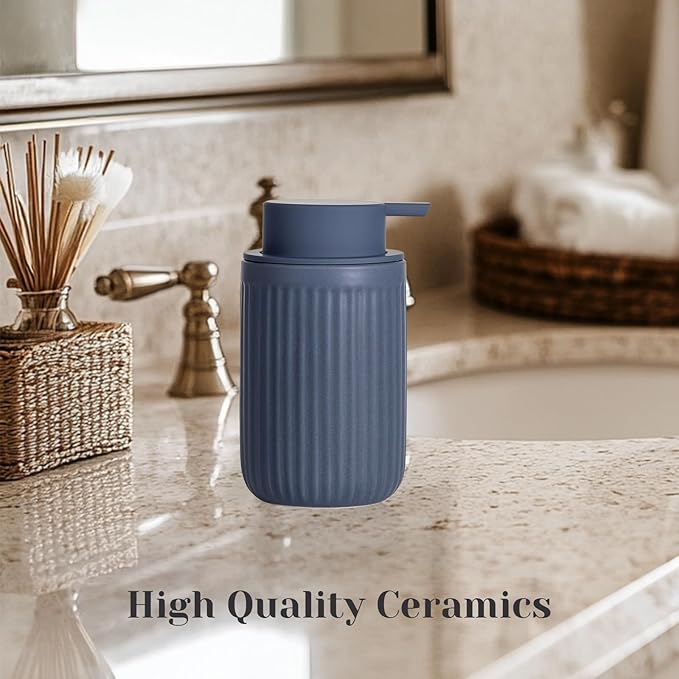INGOFIN Ceramic Lotion Dispenser - 12oz Liquid Hand Soap Dispenser Bathroom, Modern Refillable Dish Soap Dispenser with Pump for Kitchen, Stripe Blue