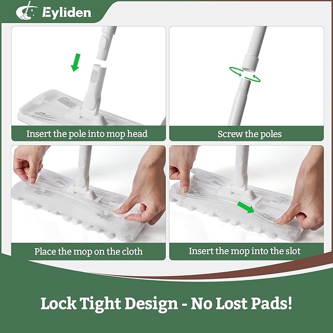Eyliden Dust Mop, Sweeping & Mopping Kit with 58" Extended Long Handle, 36 Disposable Dry Cloths, Multi Surface Sweeper Mops for Hardwood, Tile, and Vinyl Floor Cleaning, Iron Handle, White
