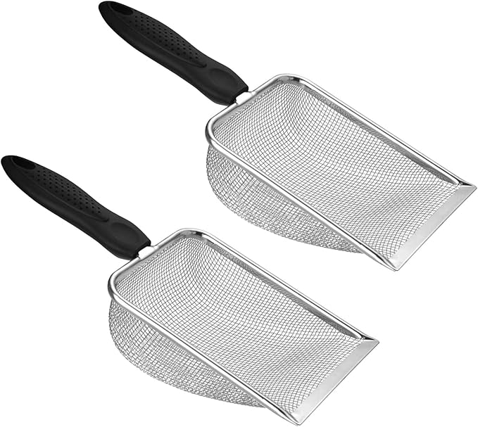 2pcs Cat Litter Scoop, Portable Reptile Sand Scooper, Stainless Steel Fine Mesh Scoop Shove-l for Litte-r Box, Sand Bedding, Easy to Clean and Durable(Color:Silver)
