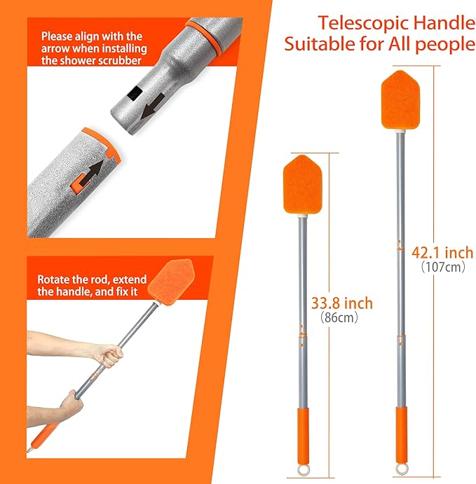 JEHONN 4-in-1 Tile Tub Scrubber with Long Handle, Upgraded Shower Cleaning Brush, 4 Different Function Scrub Brush Attachments Head for Bathroom, Bathtub, Floor, Wall, Baseboard