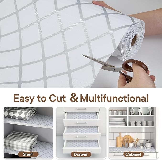 Shelf and Drawer Liner for Kitchen Cabinets Non-Adhesive, Strong Grip Non-Slip Thickened Cabinet Liners for Shelves, Waterproof Mats for Dresser Cupboard, Silver Stripe, 17 in x 10 Feet