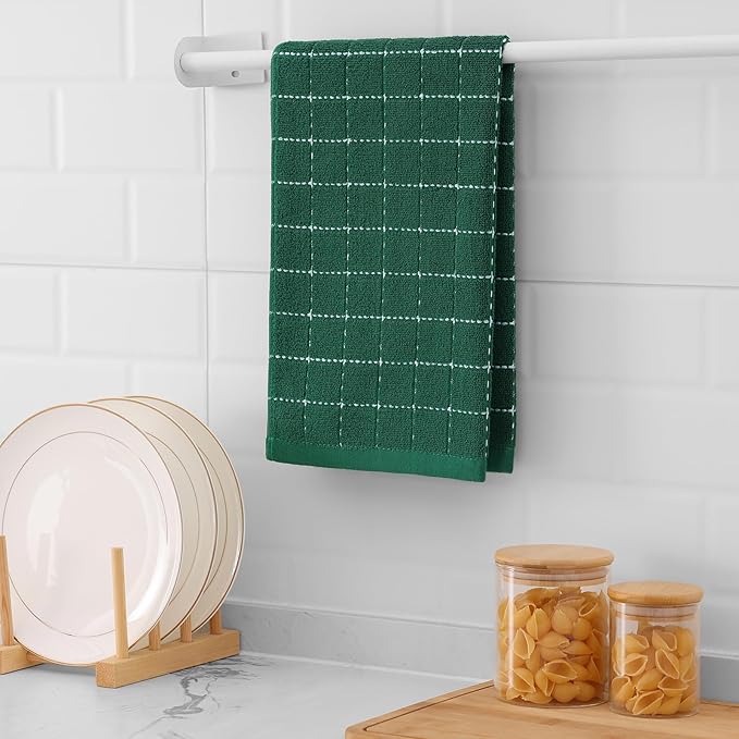 Mordimy 100% Cotton Terry Cloth Kitchen Towels, Super Soft and Absorbent Dish Towels for Drying, Checkered Designed Hand Towels for Kitchen, 16 x 26 Inches, 6 Pack, Dark Green