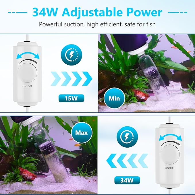 AQQA DC Fish Tank Cleaner, Electric Aquarium Water Changer with 6-in-1 Cleaning Heads & 3-Stage Filter Cup – Stainless Steel Handle Gravel Vacuum for Fish & Turtle Tanks, Adjustable Flow 34W 600GPH
