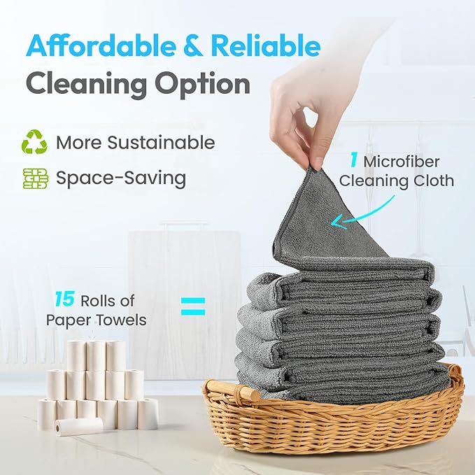 Microfiber Cleaning Cloth 12"X12" - 12 Pack Grey Lint Free Microfiber Towels for Cars - Extra Thick, Streak Free, Fast Absorbent - Reusable Multi-Purpose Housekeeping Rags for Cars