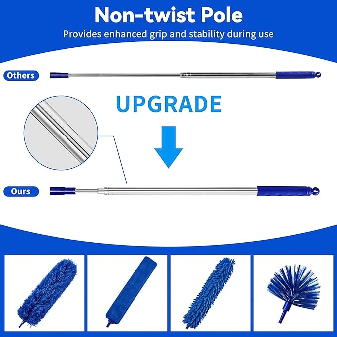 Duster 6-in-1 Kit, Duster with Extension Pole 100 Inches, Dusters for Cleaning, Cobweb Duster, Microfiber Feather Dusters for High Ceilings and Fans, Blinds, Cars and Furniture
