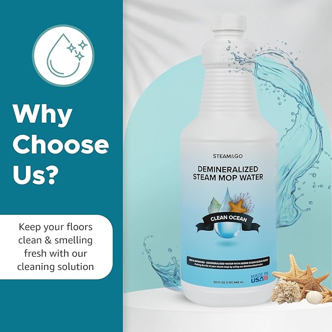 Steam & Go Demineralized Water - Multisurface Cleaner, PVC-Free Ready-to-Use for Mops & Floor Steamers - Ideal for Kitchen, Bathroom, & Home Surfaces - Clean Ocean Scent - 32oz (Pack of 18)