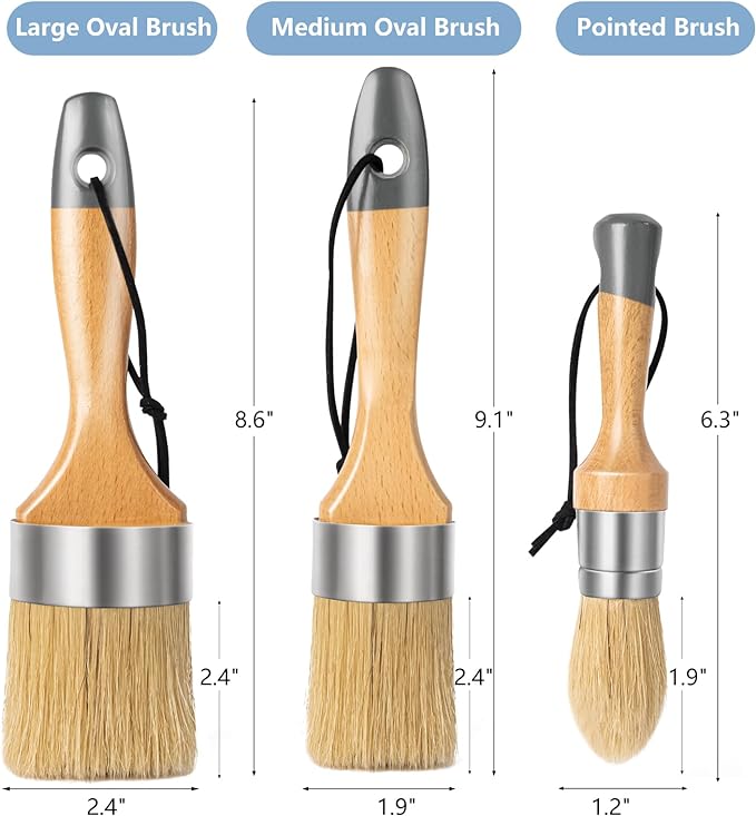 Mister Rui Chalk Wax Paint Brush 3 pcs, Large Wax Brush, Brushes for Furniture, Acrylic Paint, Milk Paint, Natural Bristles, 1 Small Round Brush and 2 Large Oval Brushes