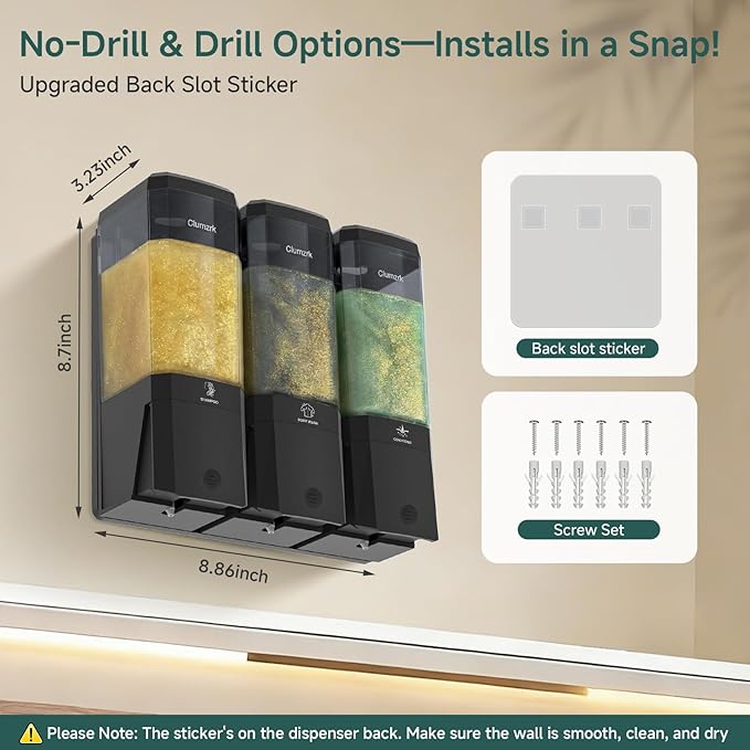 Shampoo and Conditioner Dispenser 3 Chamber No Drill Shower Soap Dispenser Wall Mounted Shampoo Conditioner Body Wash Refillable Bathroom Shower Dispenser (Black+Smoke Gray 3 Chamber)