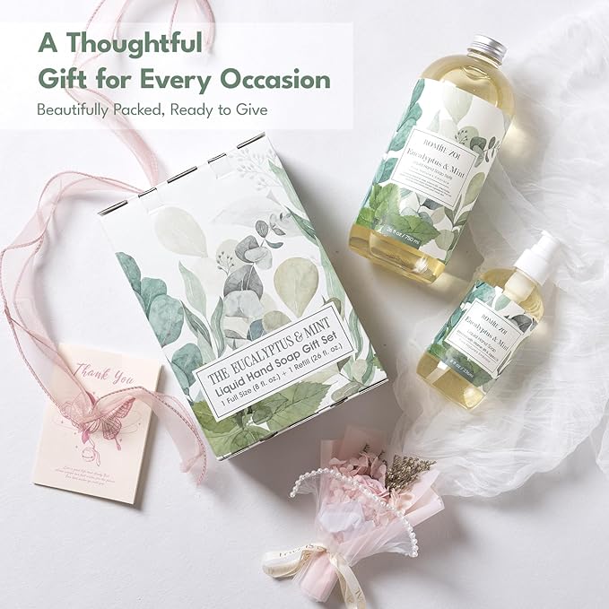 ROMIIE ZOI Liquid Hand Soap Gift Set, 750ml Refill + 236ml Liquid Soap, Cruelty-Free, Moisturizing Formula with Essential Oils, For Sensitive Skin, Eucalyptus Mint Scent, For Kitchen & Bathroom