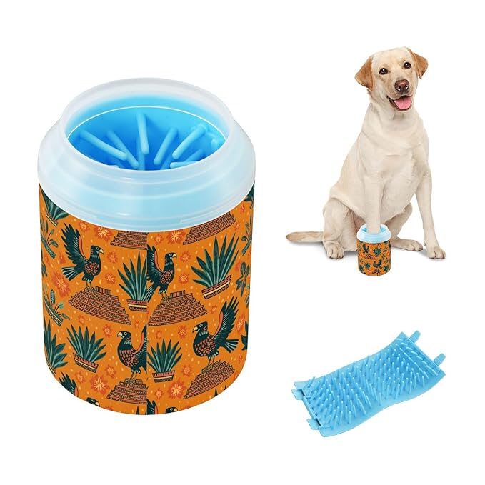 Dog Paw Cleaner Cups for Dogs Pet Foot Washer Paw Scrubber for Small Medium Large Dogs Cats Cleaning Cup Orange Birds Pyramids Plants