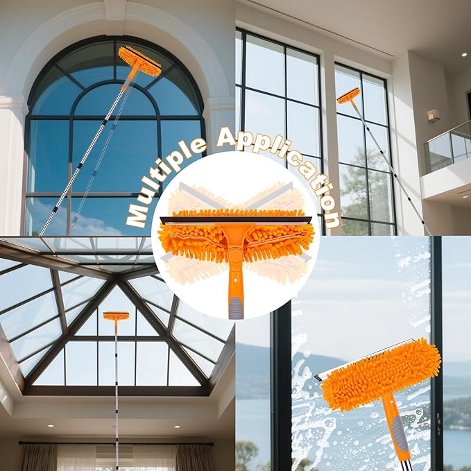 Window Squeegee Cleaner Tool with Extension Pole: 2-in-1 Window Cleaning Kit - 86.6 Inch Telescopic Long Window Cleaning Tool for High Windows Glass with 2 Microfiber Cloth & Squeegee Blade