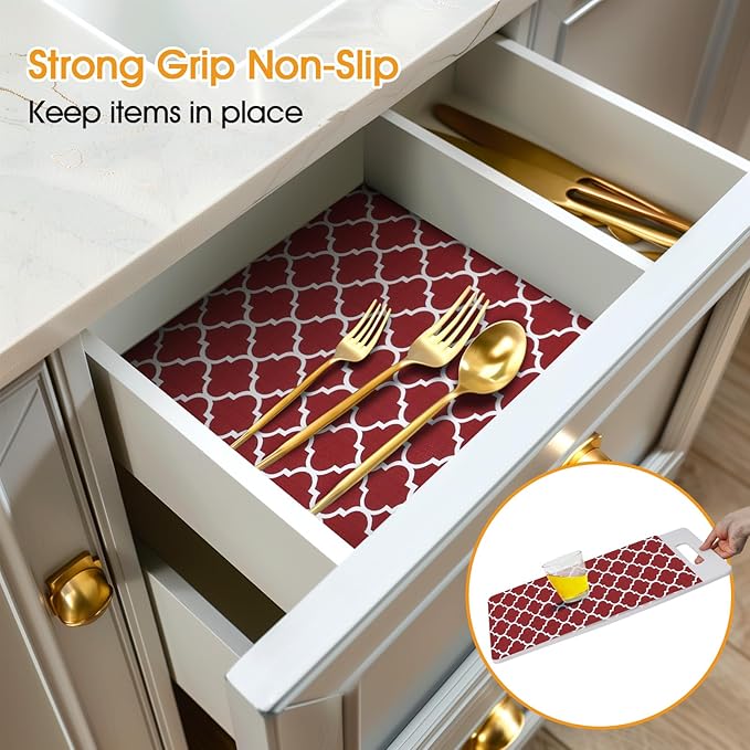 Shelf and Drawer Liner for Kitchen Cabinets Non-Adhesive, Strong Grip Non-Slip Thickened Cabinet Liners for Shelves, Waterproof Mats for Dresser Cupboard, Red/White, 17 in x 10 Feet