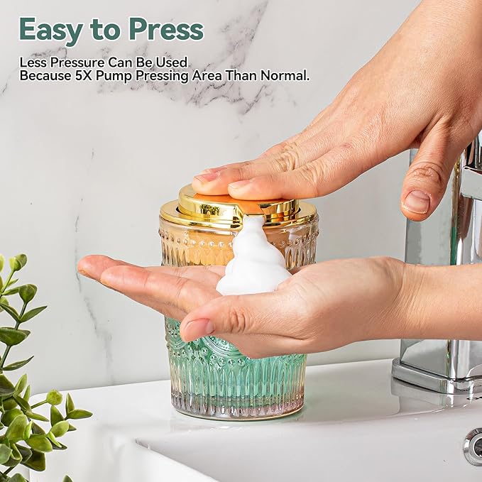 Gold Foaming Soap Dispenser - 7 Oz Amber Glass Foaming Hand Soap Dispenser for Bathroom & Kitchen, Hand Wash Dispenser with Golden Foam Pump, Refillable Dish Soap Foam Dispenser