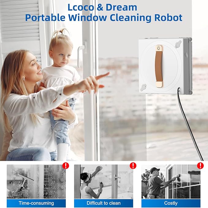 Window Cleaning Robot, 3000Pa Auto Automatic anti-slip system, Three intelligent cleaning path modes Ultrasonic automatic dual-direction water spray system Cleans glass, tiles, marble, and wood panels
