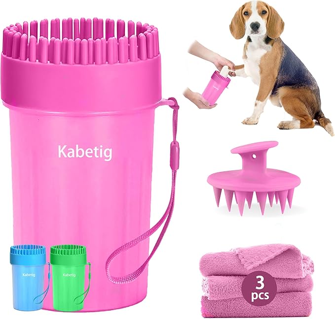 Quick Clean Dog Paw Cleaner 5-in-1 Kit, Pink (Medium) - No Full Bath Needed, Post-Walk Paw Clean - with Silicone Bath Brush, 3 Microfiber Towels - Fits Corgi 1.2-2.5 In (3.05-6.35 cm)