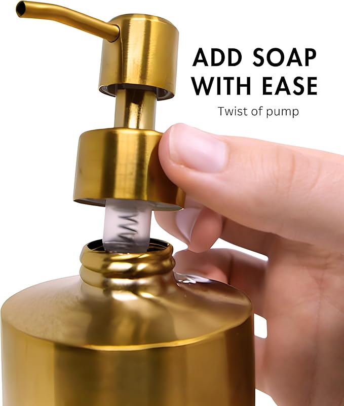 Brass Soap Dispenser for Kitchen & Bathroom – 15 oz Refillable Resin Pump Bottle for Dish Soap, Hand Soap, Shampoo, Conditioner – Modern Countertop Dispenser with Non-Slip Protective Pads