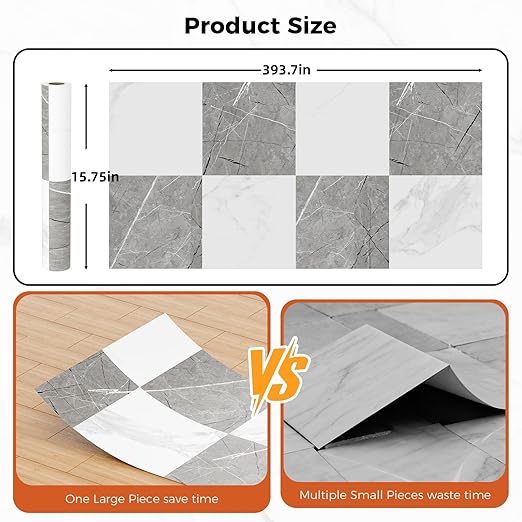 Peel and Stick Floor Tile Vinyl Flooring Roll Self Adhesive 15.75"x 393"/43 Sq.Ft Linoleum Laminate Flooring Roll Grey&White Marble Color Waterproof Floor Sticker for Home Room Improvement