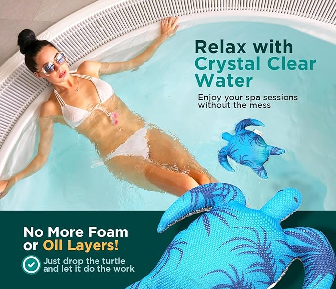 Hot Tub Scum Absorber Turtle ScumGuard Mesh - 1-Pack Oil & Scum Absorber for Spa, Hot Tub & Pool - Keeps Water Clear & Filters Protected - Includes 1 Washable Turtle Absorbers & Mesh Cleaning Cloth