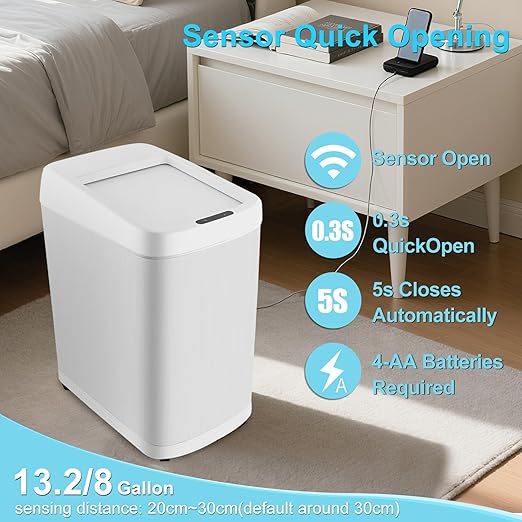 Motion Sensor Trash Can with Roll Lid & Wheels - Automatic Touchless Trashcans (White, 8 Gallon)