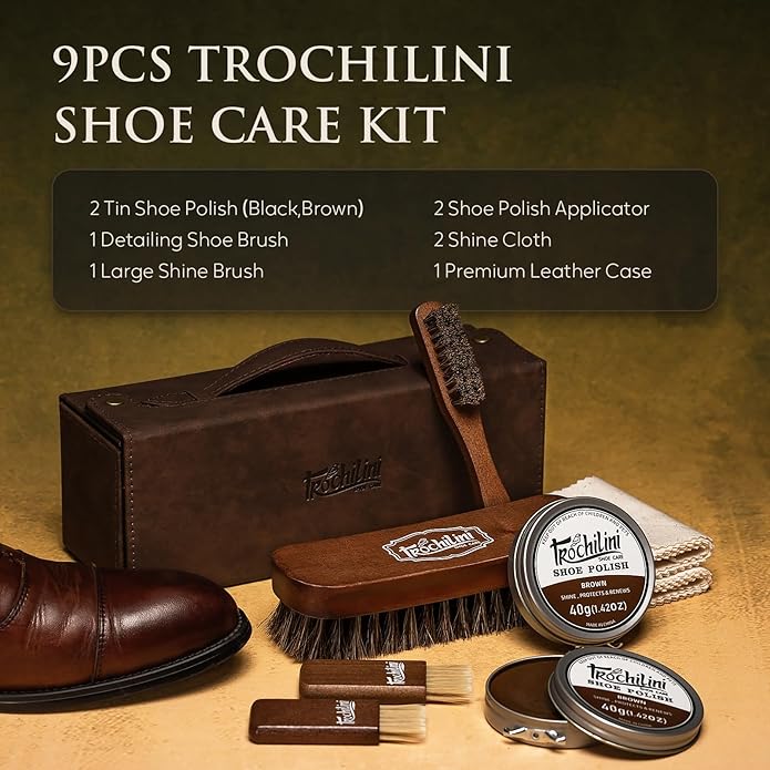 Shoe Polish Kit 13PC Shoe Shine Leather Boot Shoe Care Set Mink Oil Brushes and More for Gentle Care Cleaning