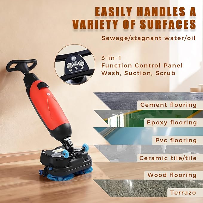 Cordless Electric Floor Scrubber & Polisher, 17” Path, Double Brushes, 360° Swivel Head, Ideal for Commercial Retail & Office Cleaning, Heavy-Duty Performance