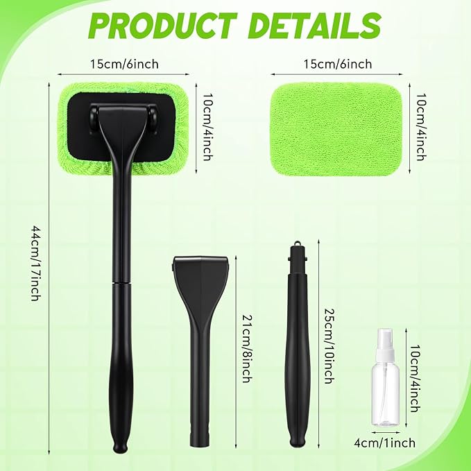 8 Pcs Car Windshield Cleaner Tool Kit with Removable Handle, Microfiber Towel Pads, Brush, Empty Spray Bottle for Auto Glass Wiper Suvs Rvs & Home Windows(Green)