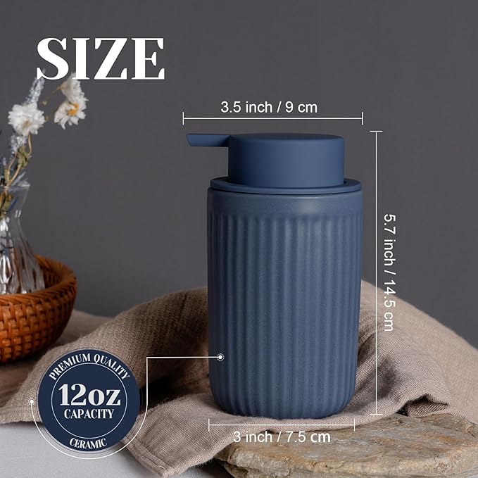 INGOFIN Ceramic Lotion Dispenser - 12oz Liquid Hand Soap Dispenser Bathroom, Modern Refillable Dish Soap Dispenser with Pump for Kitchen, Stripe Blue
