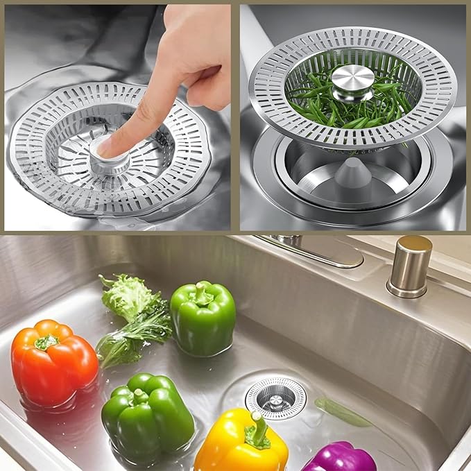 3 in 1 Kitchen Sink Drain Strainer,Universal Stainless Steel Kitchen Sink Stopper, Pop Up Anti-Clogging for 3-1/2 Inch US Standard Sink Drain Strainer (Style2-1Pcs)