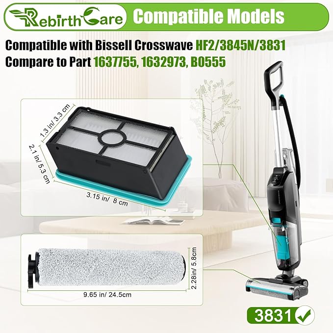 3831 Brush Roll and Filter Replacement Parts for Bissell Crosswave Hard Floor Expert Vacuum 3831 HF2 3845N 3847 3848 4 Pack for Floor Scrubber Wet Dry Vacuum Accessory Kit, 2 Brush Rolls & 2 Filters
