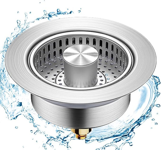 3 in 1 Kitchen Sink Drain Strainer,Universal Stainless Steel Kitchen Sink Stopper, Pop Up Anti-Clogging for 3-1/2 Inch US Standard Sink Drain Strainer