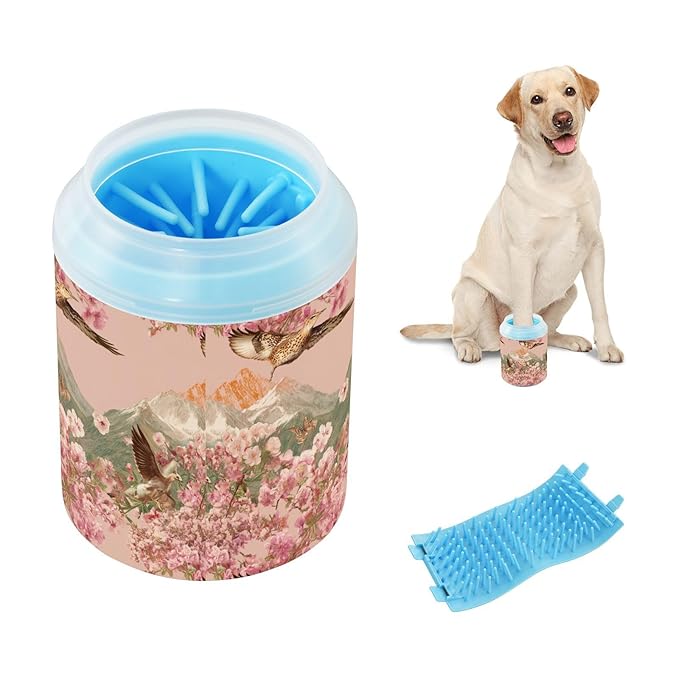 Dog Paw Cleaner Cups for Dogs Pets Foot Washer Paw Scrubber for Medium Small Cats Dogs Cute Cleaning Cup Pink Birds Cherry Mountains Flowers