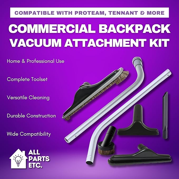 Commercial Backpack Vacuum Attachment Kit 1 1/2" - Compatible with ProTeam, Tennant, Sandia, Powr-Flite & More - with Aluminum S-Wand, Hard Floor Tool, Crevice Tool, Dust & Upholstery Brush 7-Pack