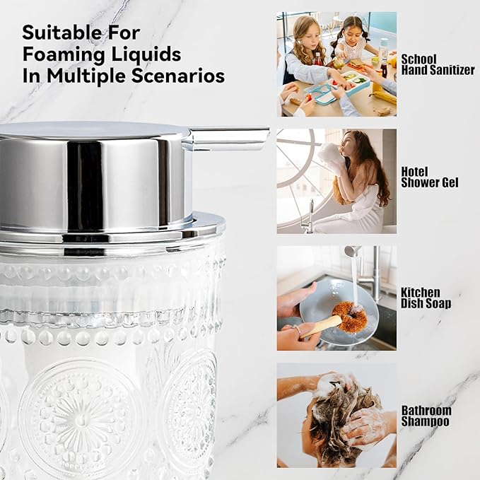 Small Foaming Soap Dispenser, 7 Oz Clear Glass Foam Hand Soap Dispenser for Bathroom, Hand Wash Dispenser with Silver Foam Pump, Refillable Liquid Dish Soap Foam Dispenser for Kitchen