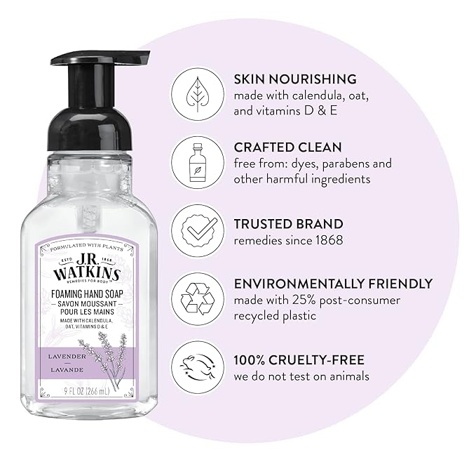 J.R. Watkins Foaming Hand Soap with Pump Dispenser, Moisturizing Foam Hand Wash, All Natural, Alcohol-Free, Cruelty-Free, USA Made, Lavender, 9 fl oz,(Pack of 6)