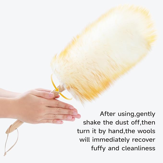 ONESIMUS 2 Pack Lambswool Dusters Fluffy Handheld Natural Feather Duster, 16.1 inch Washable Reusable Wool Dusters with Solid Wooden Handle for Cleaning Ceiling Fan, Interior, & Car etc