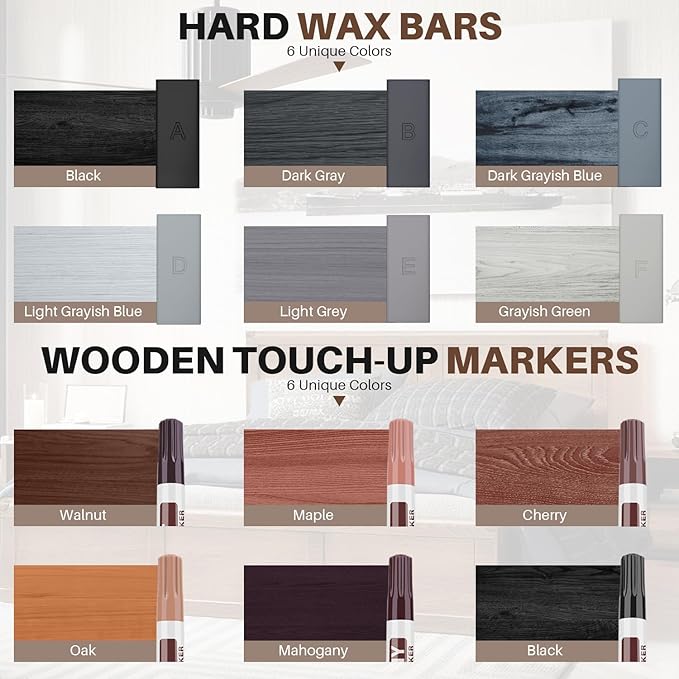 6 Colors Laminate Floor Wax with Wood Furniture Touch Up Marker，Vinyl Laminate Hardwood Floor Repair Kit, Professional Restore Any Scratches, Stains, Cracks, Hole for Floor, Door, Cabinet