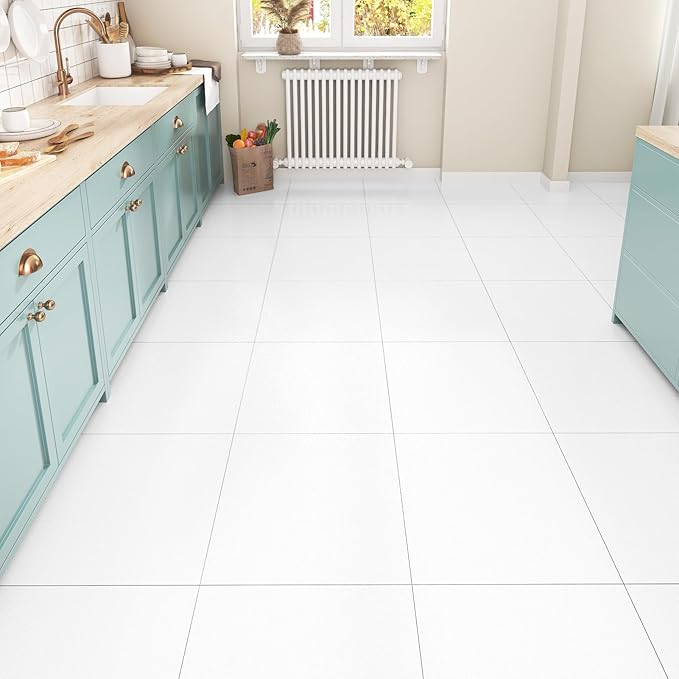 White Peel and Stick Floor Tile Waterproof Vinyl Flooring for Bathroom Kitchen 16-PCS Adhesive Flooring Sheets for Bedroom Removable Sticky Tiles for Floor Living Room 12x12 Inches White Marble Tiles