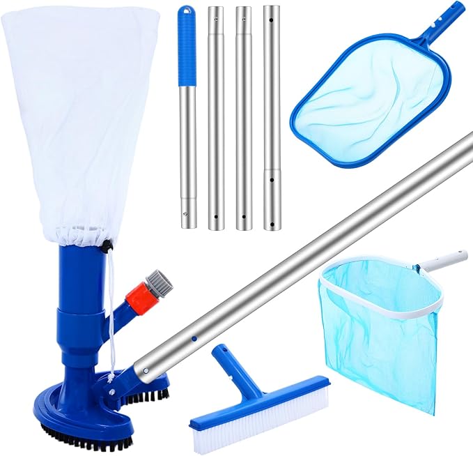 Tioncy 5 Pcs Jet Pool Vacuum Cleaning Kit with Skimmer Nets, Pool Brush and 47" Long Pole Adjustable for Above Ground Ponds Hot Tub Spa Wall Floor Cleaning, Easy to Set up