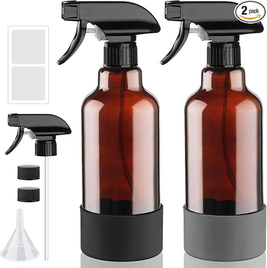 Glass Spray Bottles with Silicone Sleeve, 2 Pack 16 oz Refillable Amber Glass Spray Bottle with Adjustable Spray Nozzles, Empty Bottle Spray for Cleaning Solutions, Hair, Plants (Black+Blue)
