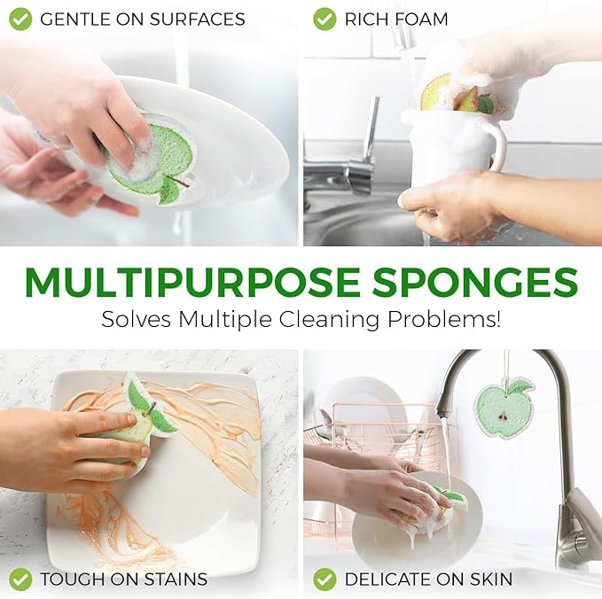 Biodegradable Cellulose Compressed Sponges Bulk - Fruit Shaped Kitchen Pack of 8 - Eco Friendly, Odor Free, Natural, Pop Up Compostable Scrubbers for Washing Dishes